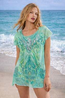 One World Live and Let Live Teal Paisley Sequin Embellished Tunic Top Size Small